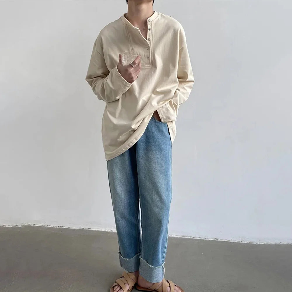 HEARUJOY  -  Mens T-Shirt Side Placket Casual T-Shirt Autumn Streetwear Personality Niche Versatile Long-Sleeved Top Men'S Clothing