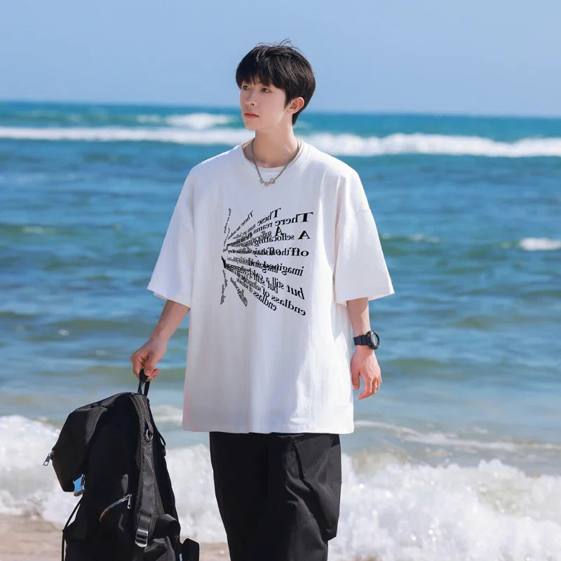 HEARUJOY  -  T Shirt Oversized Cotton For Men White 5XL Men's Letter Print T-shirts Men Casual Wear Summer Tee Shirts Big Size Clothing