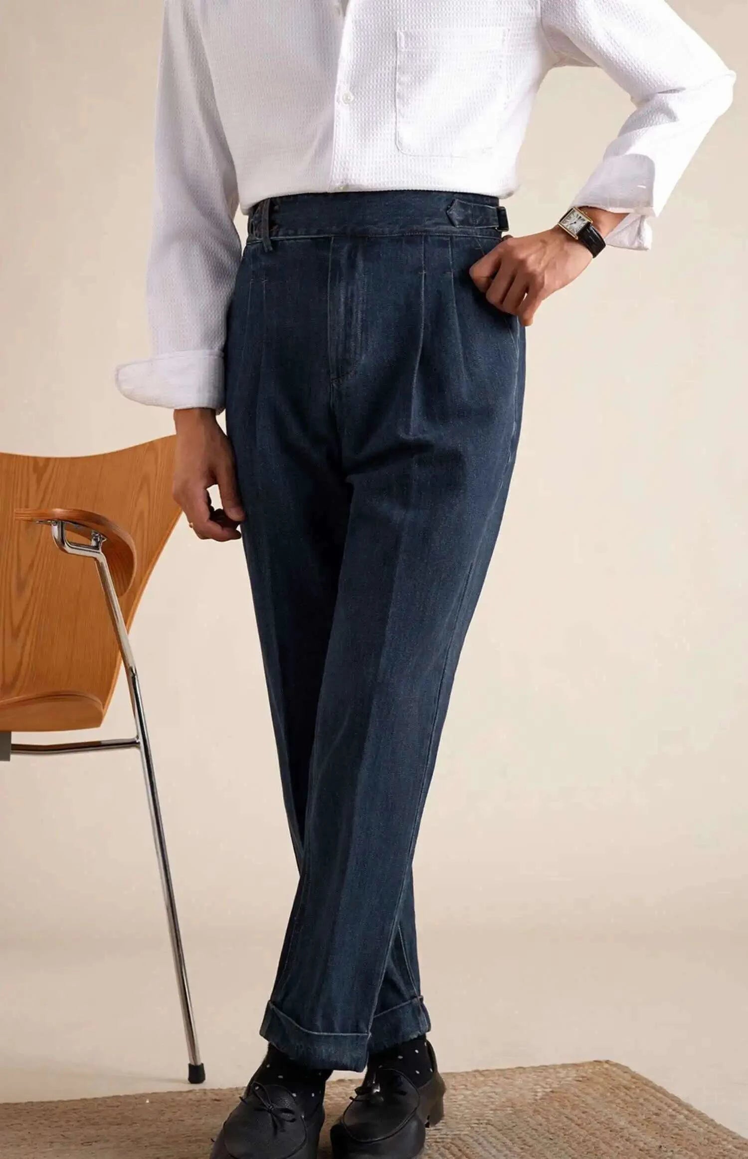 HEARUJOY  -  Naples Loose Washed High Grade Business Pant Men Dress Trouser High Quality Cotton Blend Double Pleated Jeans Straight Leg Pant