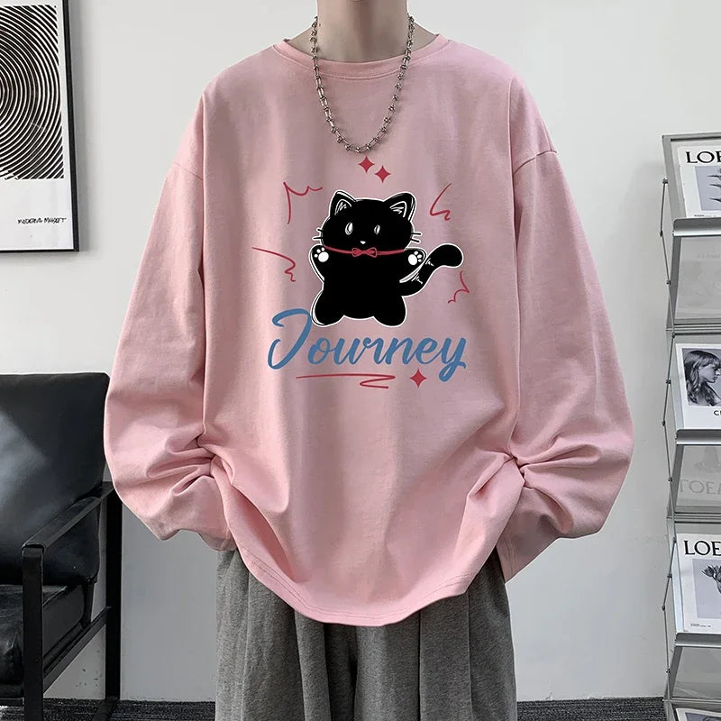 HEARUJOY  -  Men's Plain T-shirts Cotton Full Sleeves 5XL Fashion White Mens Oversized T Shirt Casual Wear Funny Cat Print Tee Shirts for Men