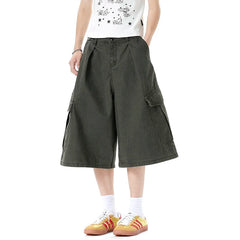 HEARUJOY  -  Vintage Men's Shorts Fashion Trend Fold Washed Distressed Adjustable Multi-pocket Male Jorts Over Knee Length 9W3516