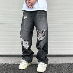 Hearujoy Hip Hop Washed Knee Hole Baggy Wide Leg Casual Jeans for Men Y2K Ripped Loose Distressed Denim Trousers Oversized Cargo Pants