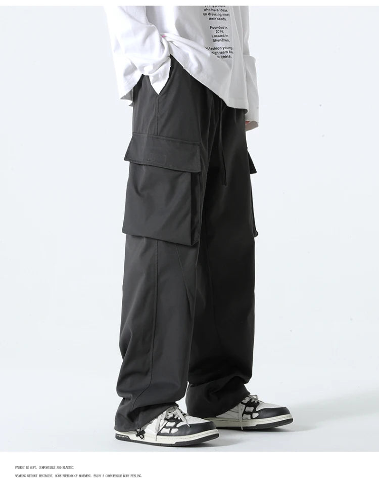 HEARUJOY  -  Men Elastic Waist Solid Color Cargo Pants Multi Pocket Loose Baggy Pants for Women Streetwear Harem Casual Pants하렘 바지