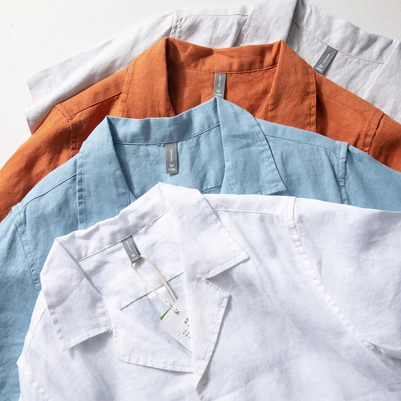 HEARUJOY  -  Men's Pure Linen Shirt Short Sleeve Summer Thin Breathable Simple Lapel Shirt Chinese Style Male Hemp Half Sleeve Blouse Tops