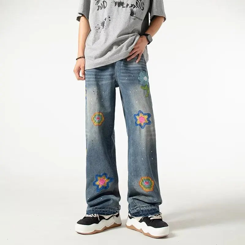 HEARUJOY  -  Street American Micro Flared Jeans Mens Petal Embroidery Washed Cowboy Pants Straight Tube Burr Edge Hip Hop Denim Trousers