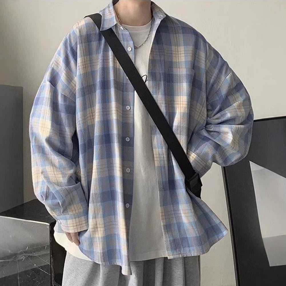 HEARUJOY  -  Casual Outing XL Blue Plaid Casual Top Men Plaid Long Sleeve Shirt Long Sleeve Casual Style Daily Use Shirt Lapel Neckline