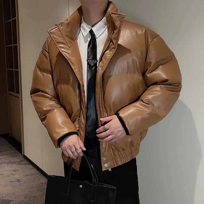 Hearujoy Winter Leather Jacket Men Oversize Stand Collar Casual Puffer Parka Thicken Keep Warm Bomber Jacket Hiphop Overcoat Men Clothing