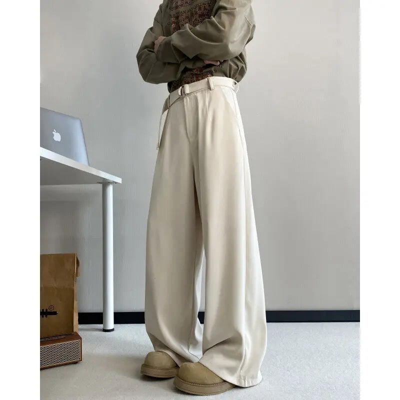 HEARUJOY  -  Belt Suit Pants Men Fashion Society Mens Black Dress Pants Korean Loose Wide Leg Pants Mens Office Formal Trousers Plus Size
