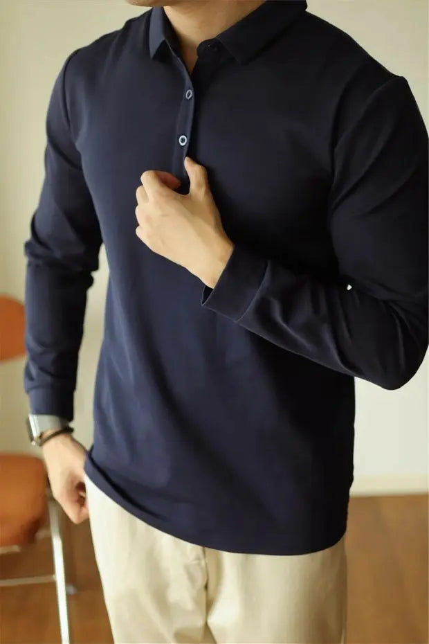 HEARUJOY  -  New American Retro Men Polo Shirt Light Luxury Solid Color Slim-fit Commuting Long Sleeve T-shirt Leisure Business Pullover Tops
