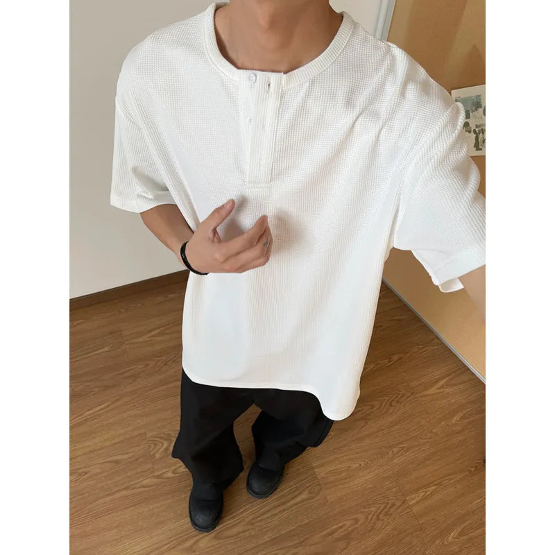 HEARUJOY  -  Summer Short Sleeved T-shirt Men Black White Casual T Shirt Men Streetwear Korean Loose Round Neck Button T Shirt Mens Top M-3XL