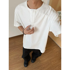 HEARUJOY  -  Summer Short Sleeved T-shirt Men Black White Casual T Shirt Men Streetwear Korean Loose Round Neck Button T Shirt Mens Top M-3XL