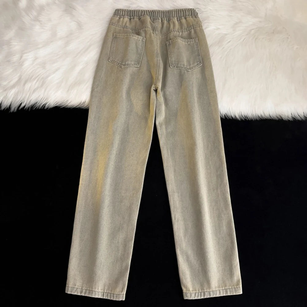 HEARUJOY  -  Men Vintage Korean Casual Pants High Street Hip Hop Straight Wide Leg Jeans Male Drawstring Streetwear