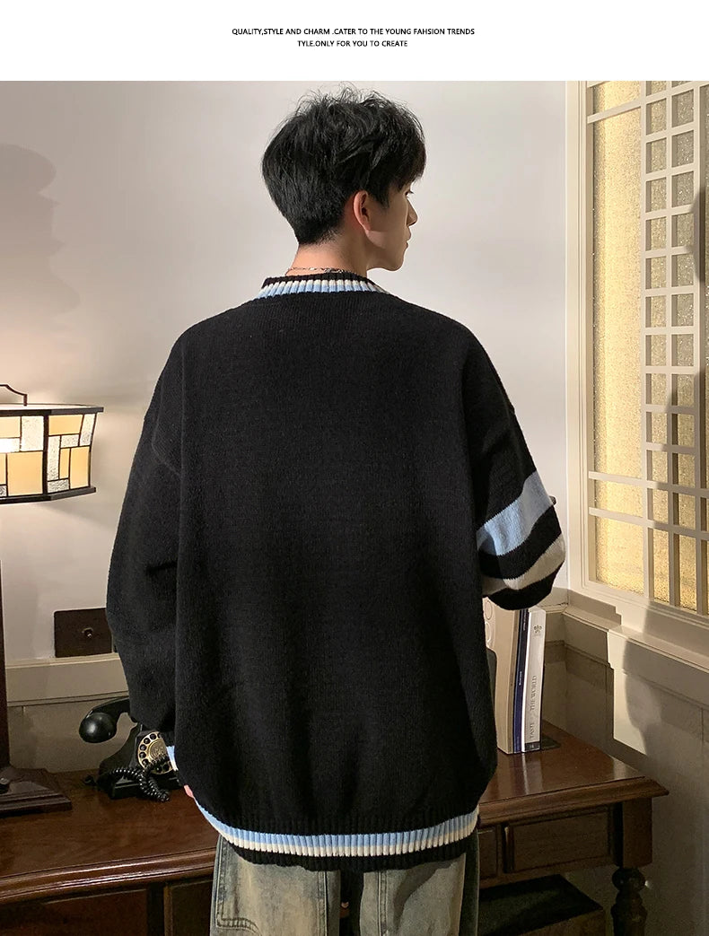 HEARUJOY  -  Preppy V-neck Sweater for Men Couples Pullovers Ins Knitted Top Autumn Korean Trendy Loose-fit Line Clothes for Students Youth