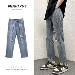 Hearujoy Spring/Summer Loose Jeans Men's Straight Vintage Broken Jeans Street Boys Hip-hop Slim Fit Cropped Pants  Light Blue