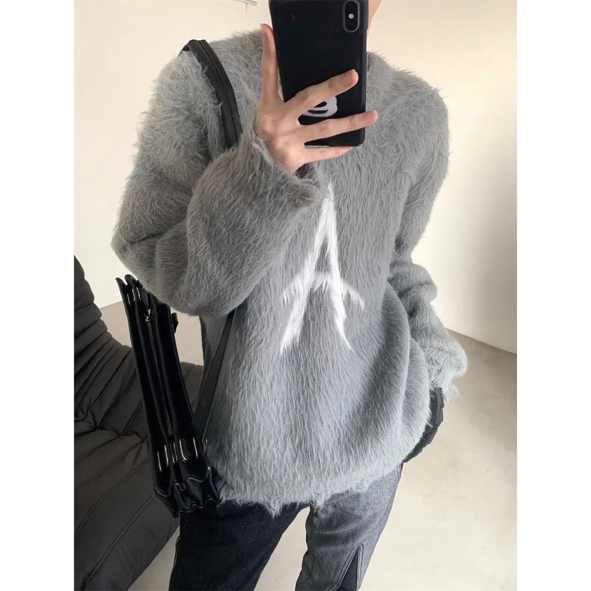 Hearujoy Y2k seahorse gray round neck pullover sweatshirt American retro couple Korean version trend brand loose fashion gothic style top