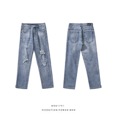 Hearujoy Spring/Summer Loose Jeans Men's Straight Vintage Broken Jeans Street Boys Hip-hop Slim Fit Cropped Pants  Light Blue