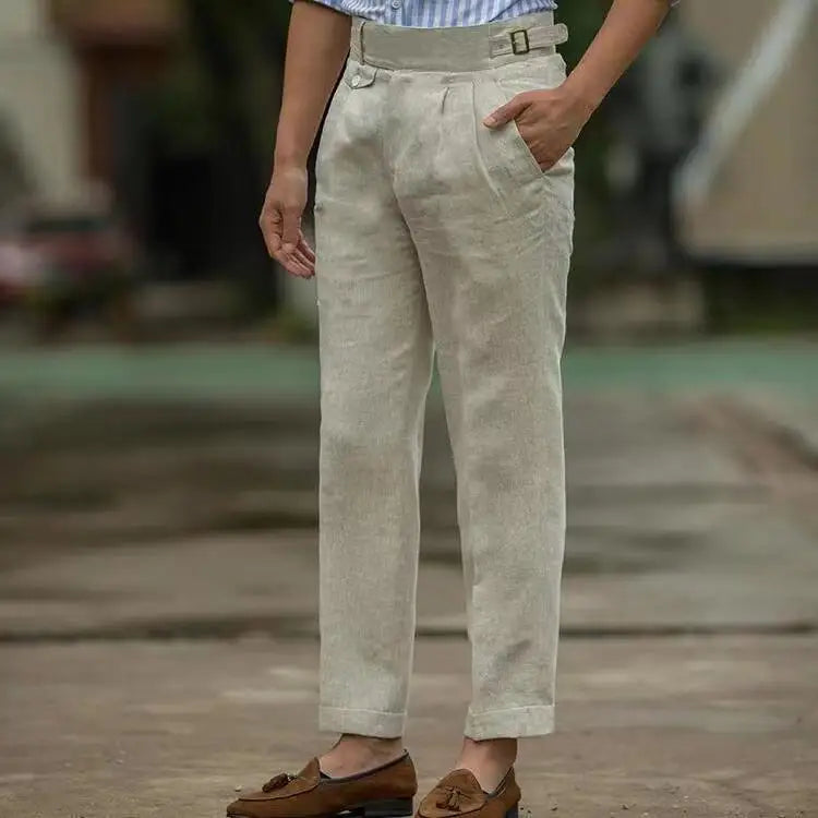 HEARUJOY  -  British Style Men Gurkha Linen Pant High Waist Straight  Ankle-Length Pants Spring Summer High Quality Thin Casual Loose Trouser