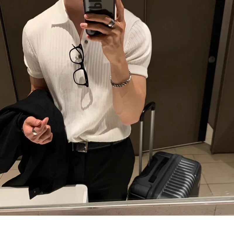 HEARUJOY  -  Summer Short Sleeved T-shirt Men Slim Fit Fashion Casual Knitted T Shirt Men Streetwear Korean White Lapel T Shirt Mens Top