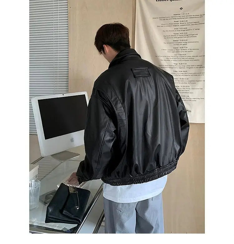 HEARUJOY  -  Men's Casual Texture PU Leather Jacket High Street Zippers Turn-down Collar Long Sleeve Retro Coat with Pocket Spring Autumn