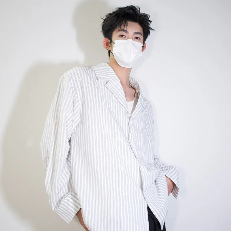 HEARUJOY  -  Long Sleeved Shirt Men Fashion Society Mens White Dress Shirt Korean Loose Blue Striped Shirt Mens Double Breasted Casual Shirt