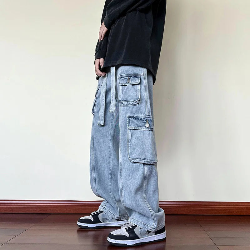 Hearujoy 2024 New Men Cargo Jeans Wide Leg Pants Multiple Pockets Baggy Denim Trousers Hip Hop Streetwear Skateboard Neutral Male Clothes