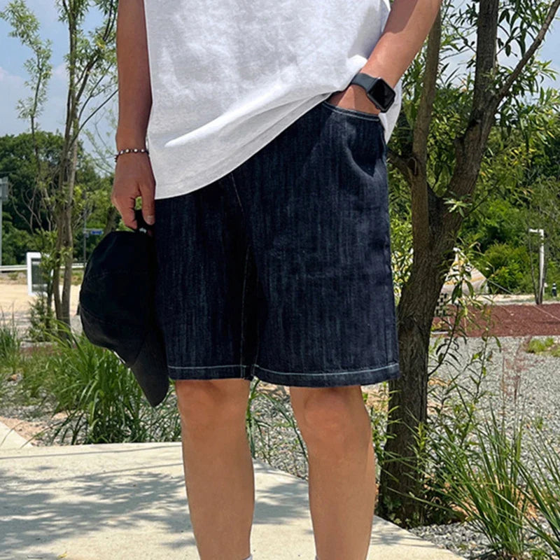 Hearujoy Summer Men's Denim Shorts Korean Style Elastic Waist Design Straight Trend Fashion Loose Casual Pants 9C5644