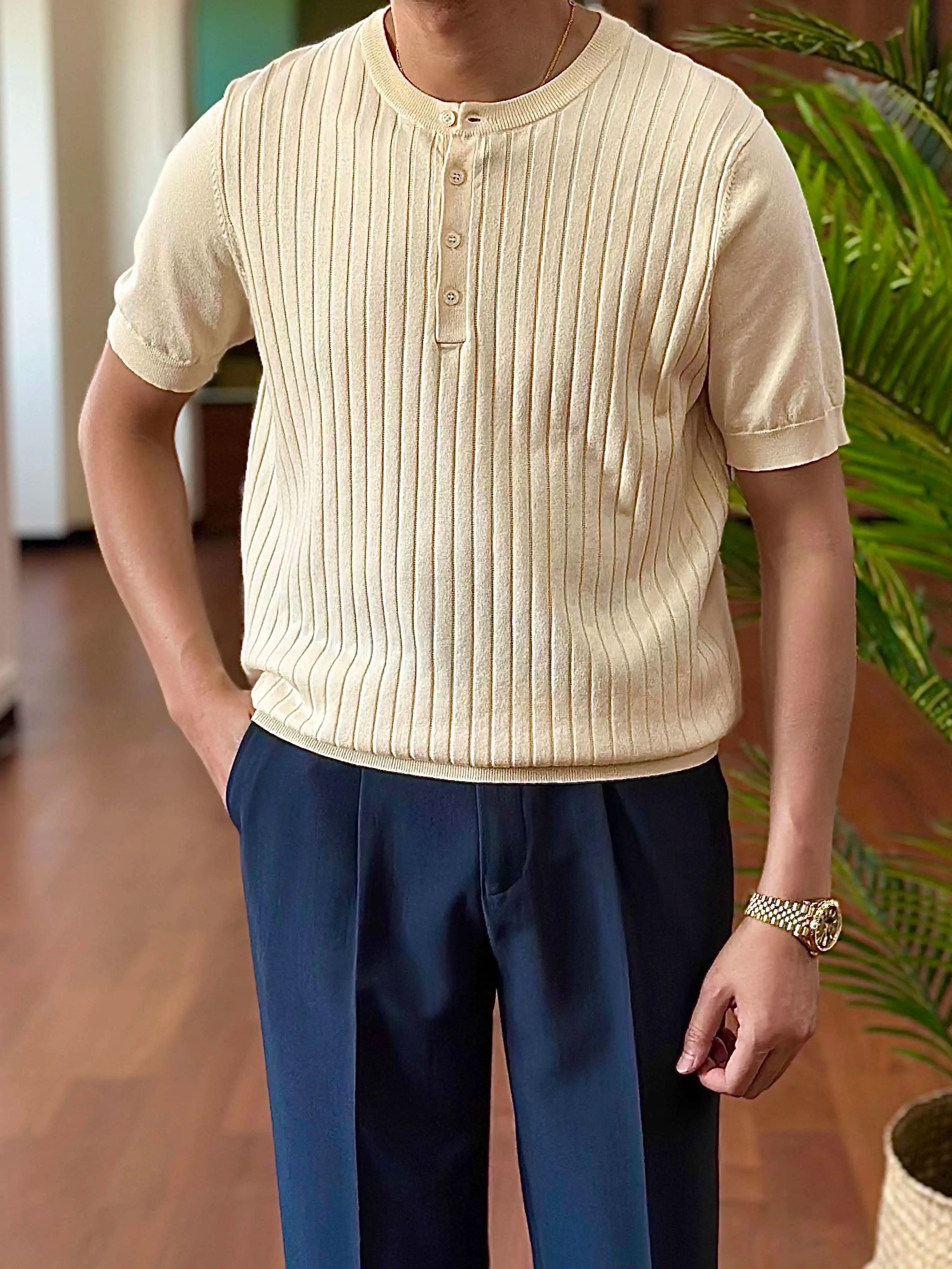 HEARUJOY  -  Cotton Blend Breathable Comfortable Trendy Knitted T Shirt Homme Top Quality T-Shirt Man Henry Neck Short Sleeved T-shirt Man