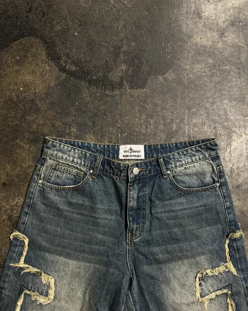 Hearujoy Street washed geometric cross embroidery raw edge high quality baggy denim shorts for womens y2k summer new simple sports pants