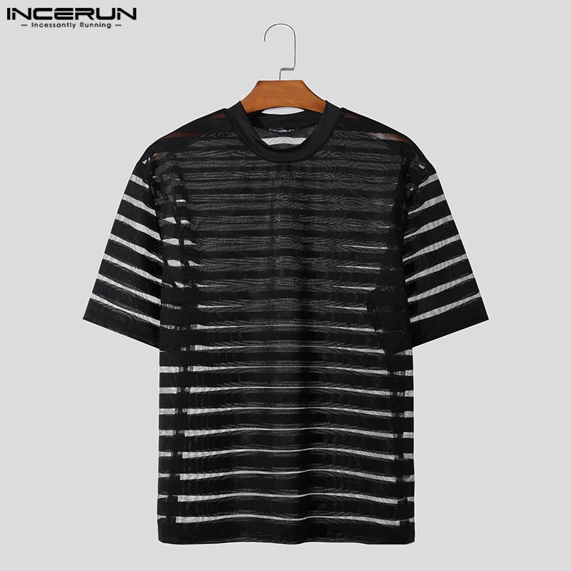 Hearujoy Men T Shirt Mesh Striped O-neck Short Sleeve Transparent Men Clothing Streetwear Sexy Korean Fashion Tee Tops S-5XL