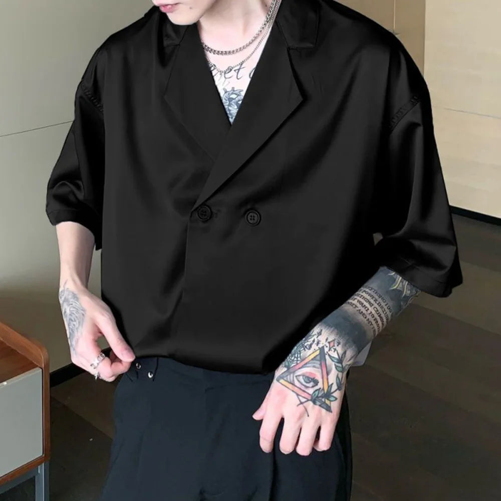 Hearujoy Niche Cuban Collar Short Sleeve Shirt Men Summer Thin Design Ice Silk Drape Shirts Korean Fashion Satin Blouse Unisex Streetwear