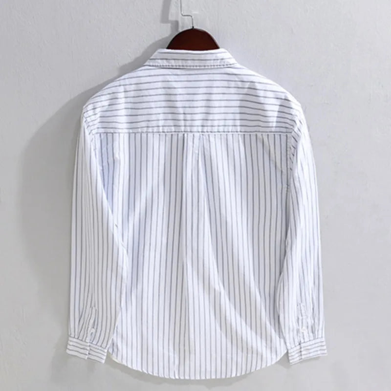 HEARUJOY  -  Men's Cotton Long Sleeve Shirt Spring Summer Casual Bear Embroidered Striped Long-sleeved Square Collar Breathable Shirts Man