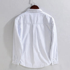 HEARUJOY  -  Men's Cotton Long Sleeve Shirt Spring Summer Casual Bear Embroidered Striped Long-sleeved Square Collar Breathable Shirts Man