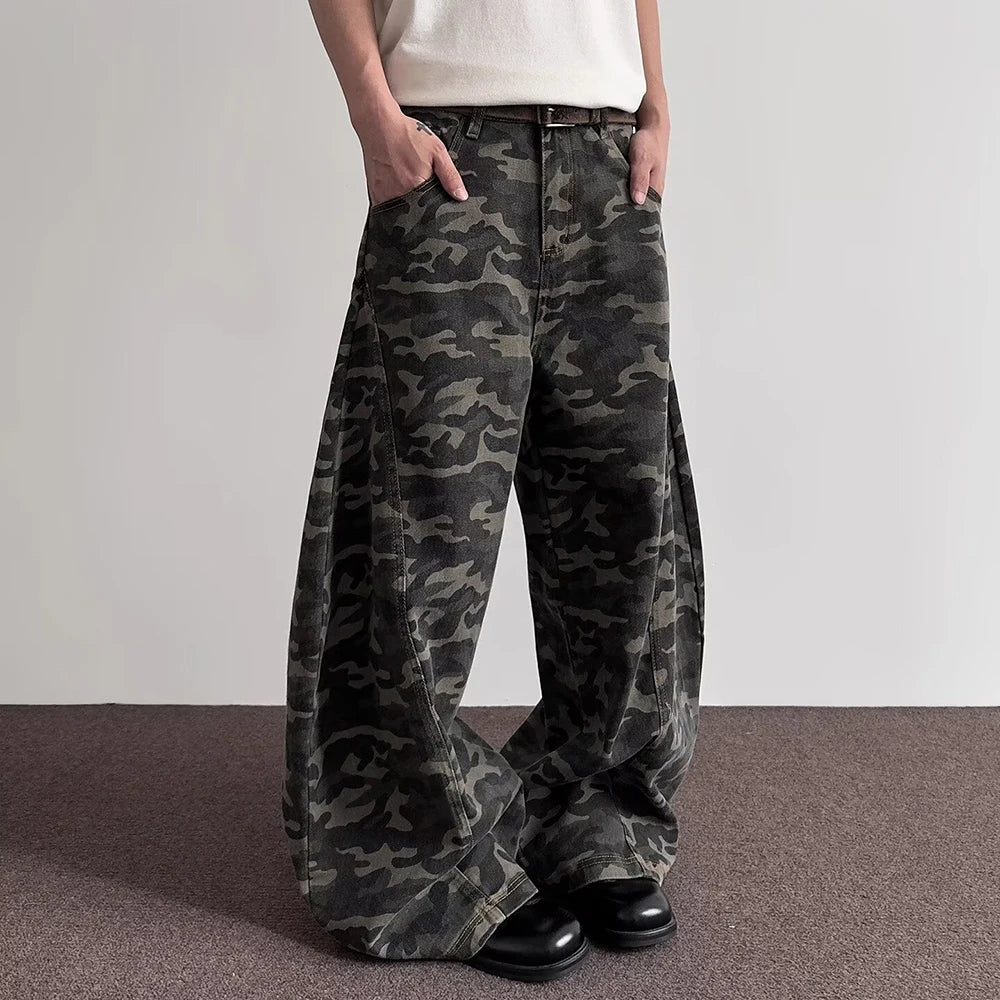 HEARUJOY  -  Men's Camouflage Straight Denim Trousers American Fashion Trend High Street Loose Casual Breathable Niche Summer Men's Bottoms