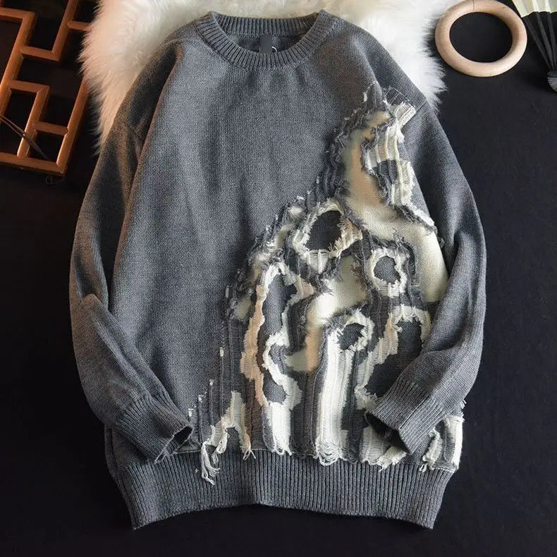 HEARUJOY  -  American Retro Ripped Men Women Autumn Winter Design Sense Thickened Couple Round Neck Sweater Jacket