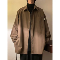 HEARUJOY  -  Long-sleeved Shirt Men Solid Color Japanese Retro Spring Loose Brown Trendy Versatile Cardigan