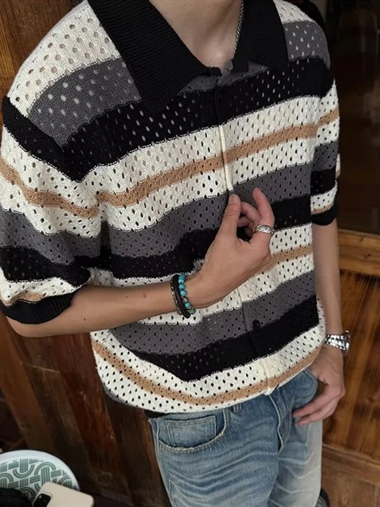 HEARUJOY  -  Ice Silk Knitting Shirts Mens 2025 Summer New Casual Striped Knit Cardigan Tops Men Clothing Vintage Buttoned Short Sleeve Shirt