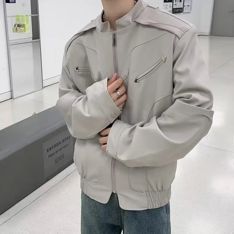 HEARUJOY  -  American Vintage High Street Leather Jacket Men Long Sleeve Stand Collar Motorcycle Tops Spring Autumn Fashion Handsome PU Coat