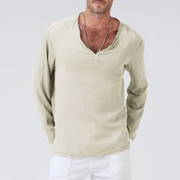 HEARUJOY  -  Spring New Men's Cotton and Linen Solid Color V-neck Casual Retro Loose Large Size Long Sleeve T-shirt Shirt