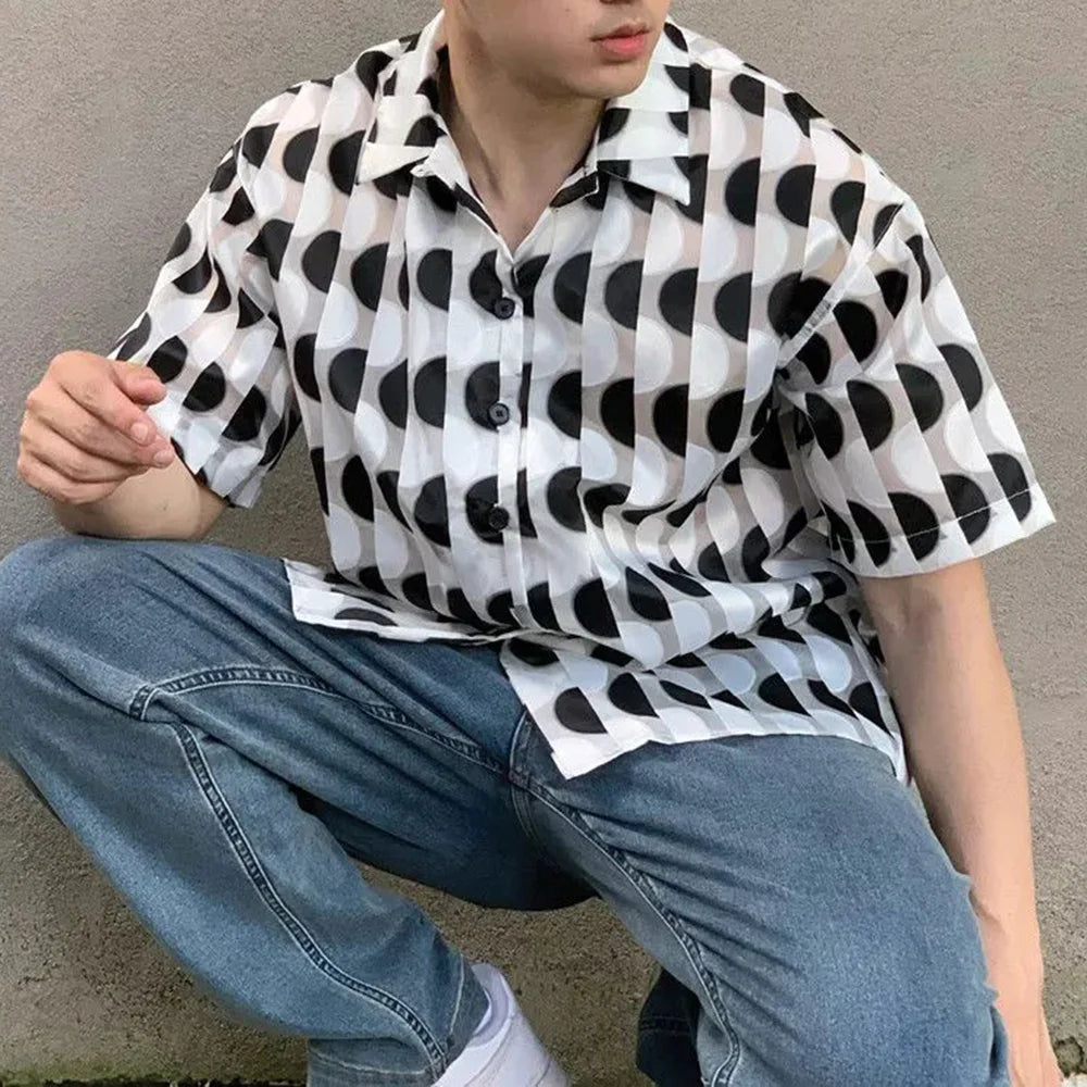 Hearujoy Men Casual Loose Shirt 2024 Summer New Design Sheer Polka Dots Pattern Blouse Trend Fashion Men's Button Shirts LGBT Streetwear