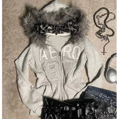 Hearujoy Y2k Harajuku Punk Streetwear Women Coat Light style Sweatshirt Retro fashion trend Winter fur collar warm slim-fit hoodie