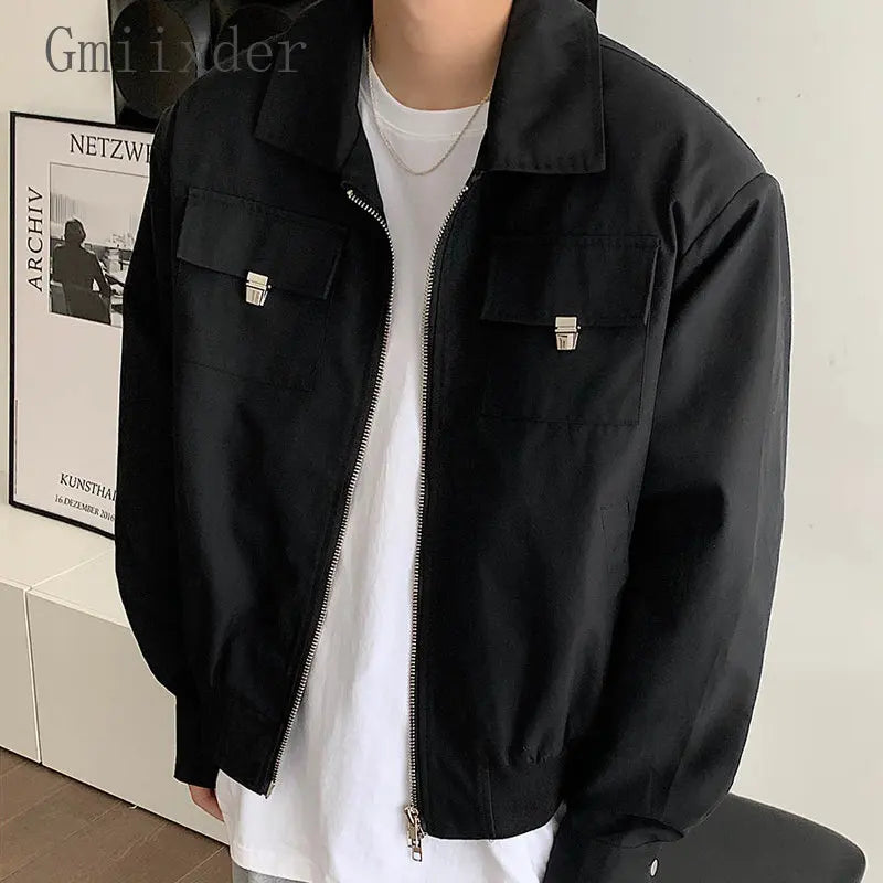 HEARUJOY  -  Simple Lapel Jacket Men Women High Street Short Khaki Baseball Uniform Oversize Multiple Pockets Metal Decoration Bomber Coat