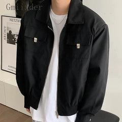 HEARUJOY  -  Simple Lapel Jacket Men Women High Street Short Khaki Baseball Uniform Oversize Multiple Pockets Metal Decoration Bomber Coat