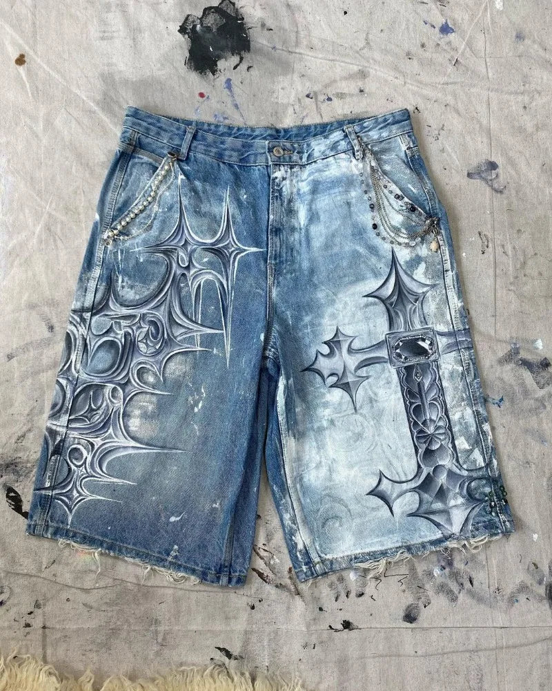 HEARUJOY  -  High Street Fashion Brand High Waist Washed Denim Shorts Women Y2k American Hip Hop Rock Fashion Graffiti Oversized Shorts Men