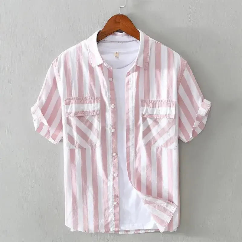 HEARUJOY  -  Man Shirt Short Sleeve Green Striped with Pocket Fashion 2025 Korean Style Slim Fit Sleeves Original Silk Collar Shirts for Men