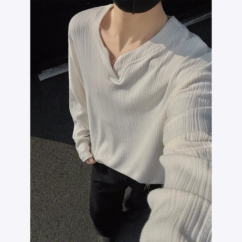 HEARUJOY  -  Spring Long Sleeved T-shirt Men Oversized Casual V-neck T Shirt Men Streetwear Korean Loose Pleated T Shirt Mens Top M-3XL
