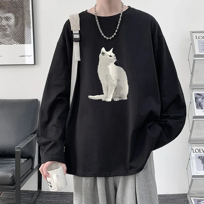 HEARUJOY  -  Men's Plain T-shirts Cotton Full Sleeves Fashion White Mens Oversized T Shirt Casual Wear Cat Walking Print Tee Shirts for Men