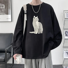 HEARUJOY  -  Men's Plain T-shirts Cotton Full Sleeves Fashion White Mens Oversized T Shirt Casual Wear Cat Walking Print Tee Shirts for Men