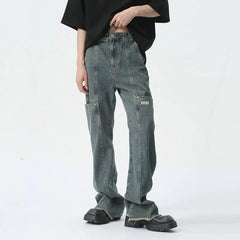 Hearujoy Male Jeans Trend American Style Patchwork Wide Leg Trousers Summer Pocket Zipper Casual Men's Denim Pants 9C5407