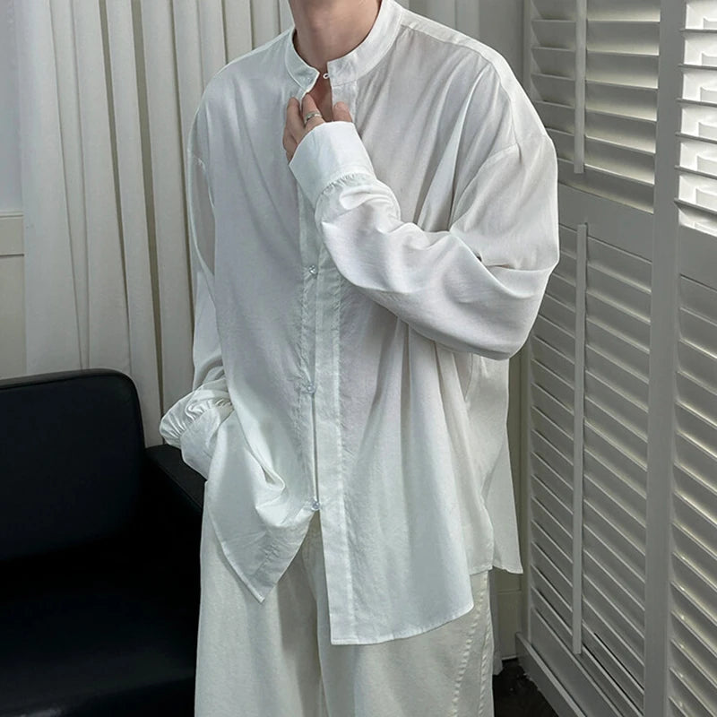HEARUJOY  -  Korean Style Men's Casual Shirts Stand Collar Solid Color Single Breasted Loose Long Sleeved Male Tops New Summer