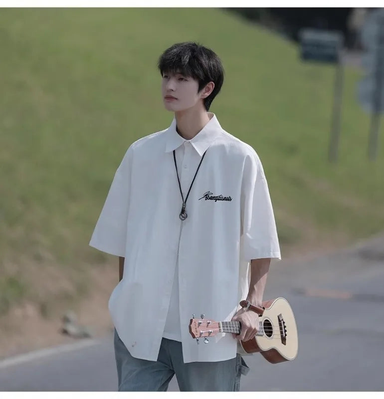HEARUJOY  -  Retro Japanese Men's Casual Short Sleeve Shirt Spring Summer Loose Fit Versatile Youth Button Loose Half Sleeve Blouse Shirts